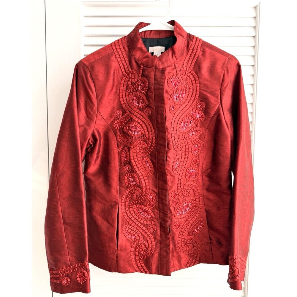 Chico’s Women’s Size 1 Red Embroidered Jacket Silk Blend Beaded Evening Blazer